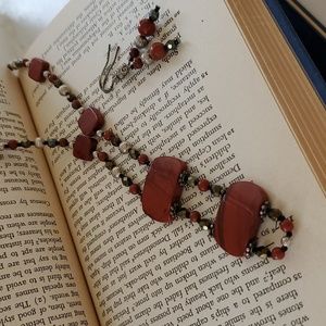 🩷 Handmade Red Stone Necklace and Earrings Set
